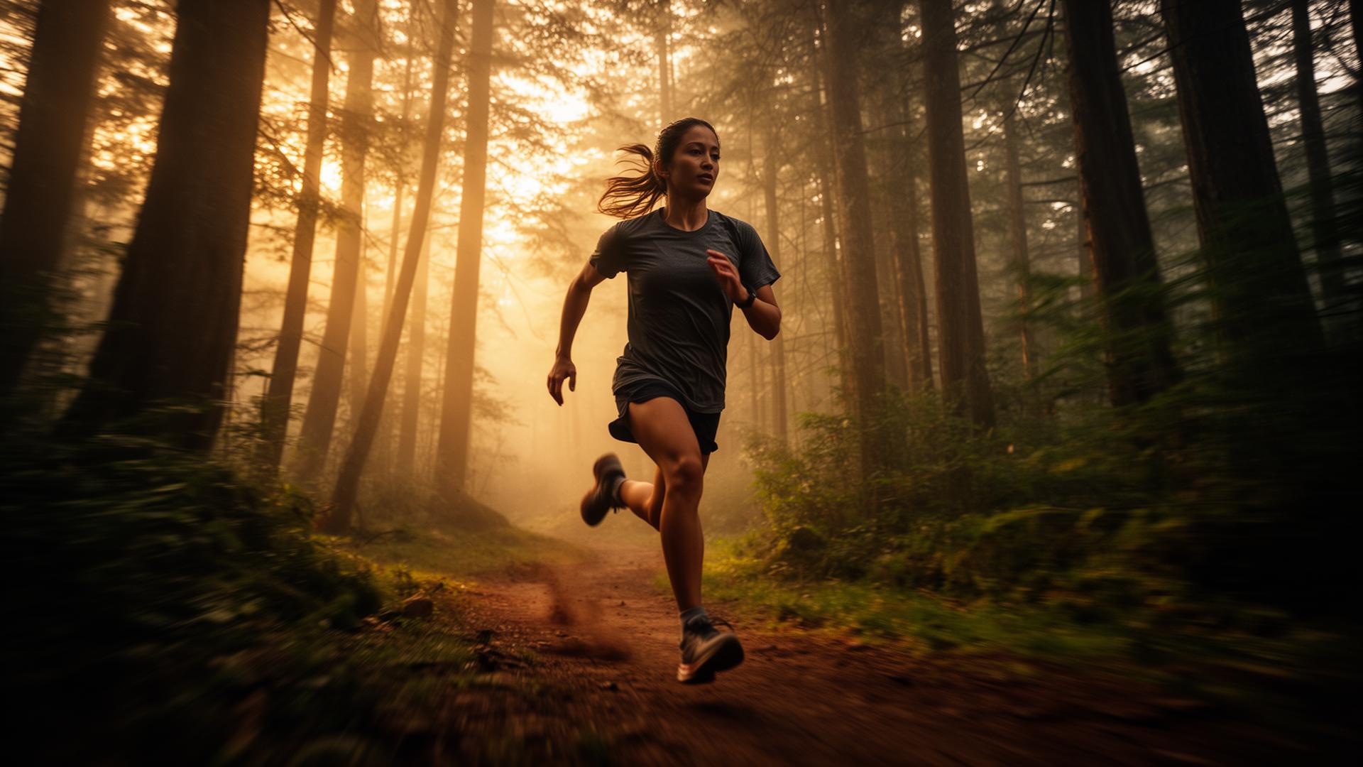 Runner moving through misty forest at dawn